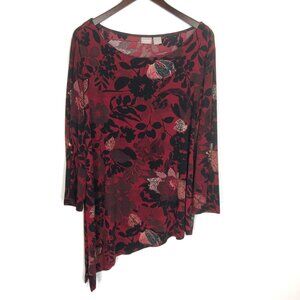 Chico's Travelers Slinky Tunic Top Blouse Dark Red Floral Size 3 or US 16 to 18
